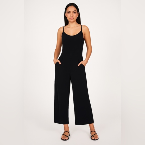 Eileen Fisher | Tencel Lyocell Crepe Jumpsuit Black Stretch Comfort Wide Leg - Picture 1 of 6